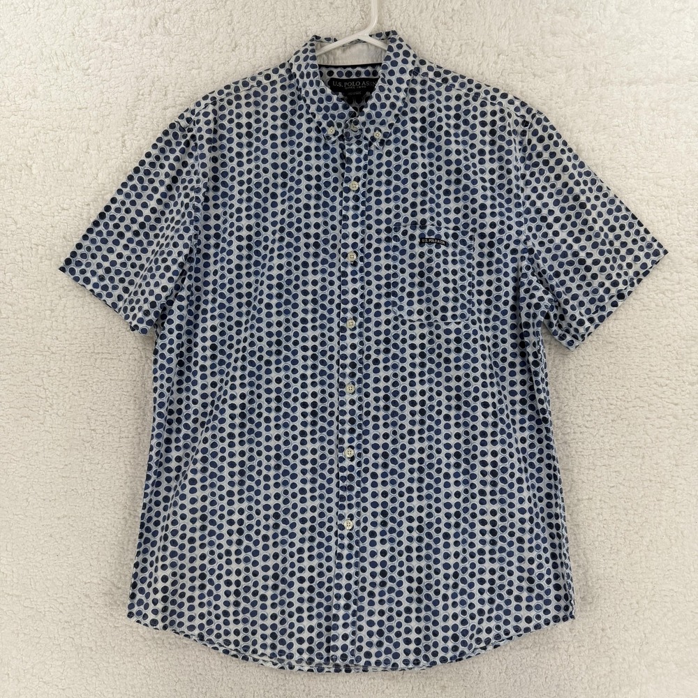 U.S. Polo Assn Shirt Mens Large Blue Polka Dot Short Sleeve Button Front‎ Casual